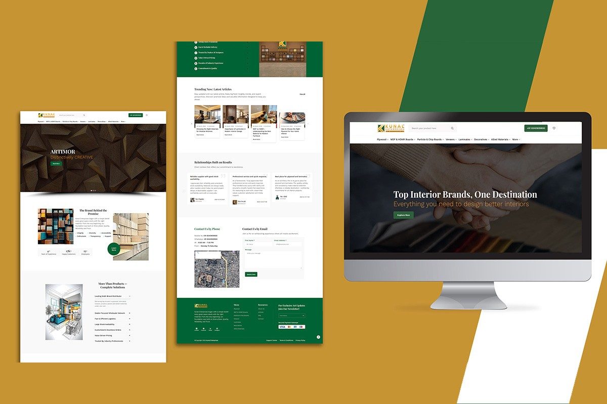 Kunal Enterprises website mockup — homepage, articles page, and hero across devices