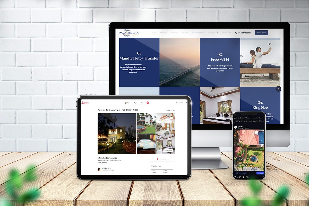 Pazzellaa Villa — website on monitor, Airbnb listing on tablet, Instagram on phone