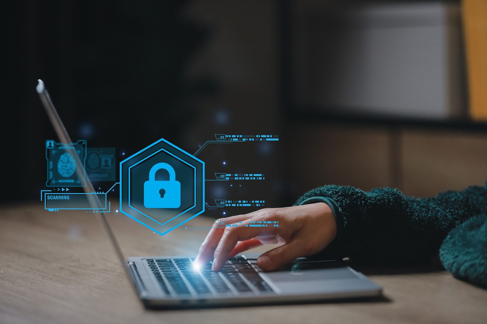 Response Informatics — padlock shield and malware-scan overlay on a laptop