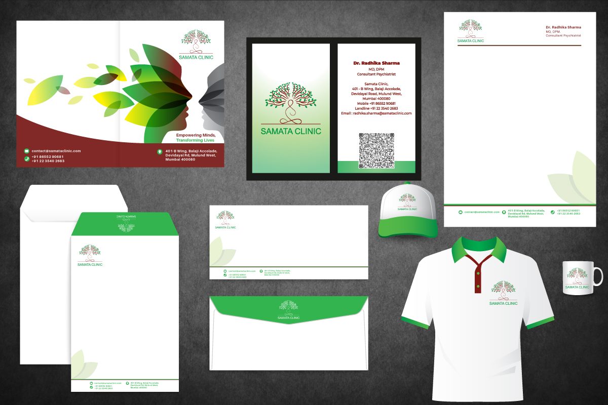 Samata Clinic brand identity — stationery system, business cards, letterhead, apparel