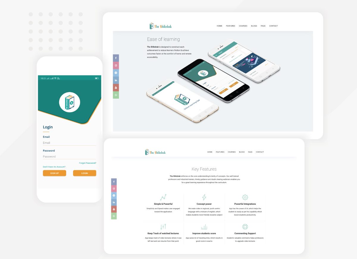 Shikshak Education App — login screen and website mockups on desktop and mobile